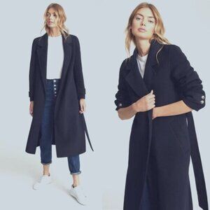 NWT Reiss Leah Longline Overcoat  Sz 6 in Navy Belted Notch Lapel Wool Blend